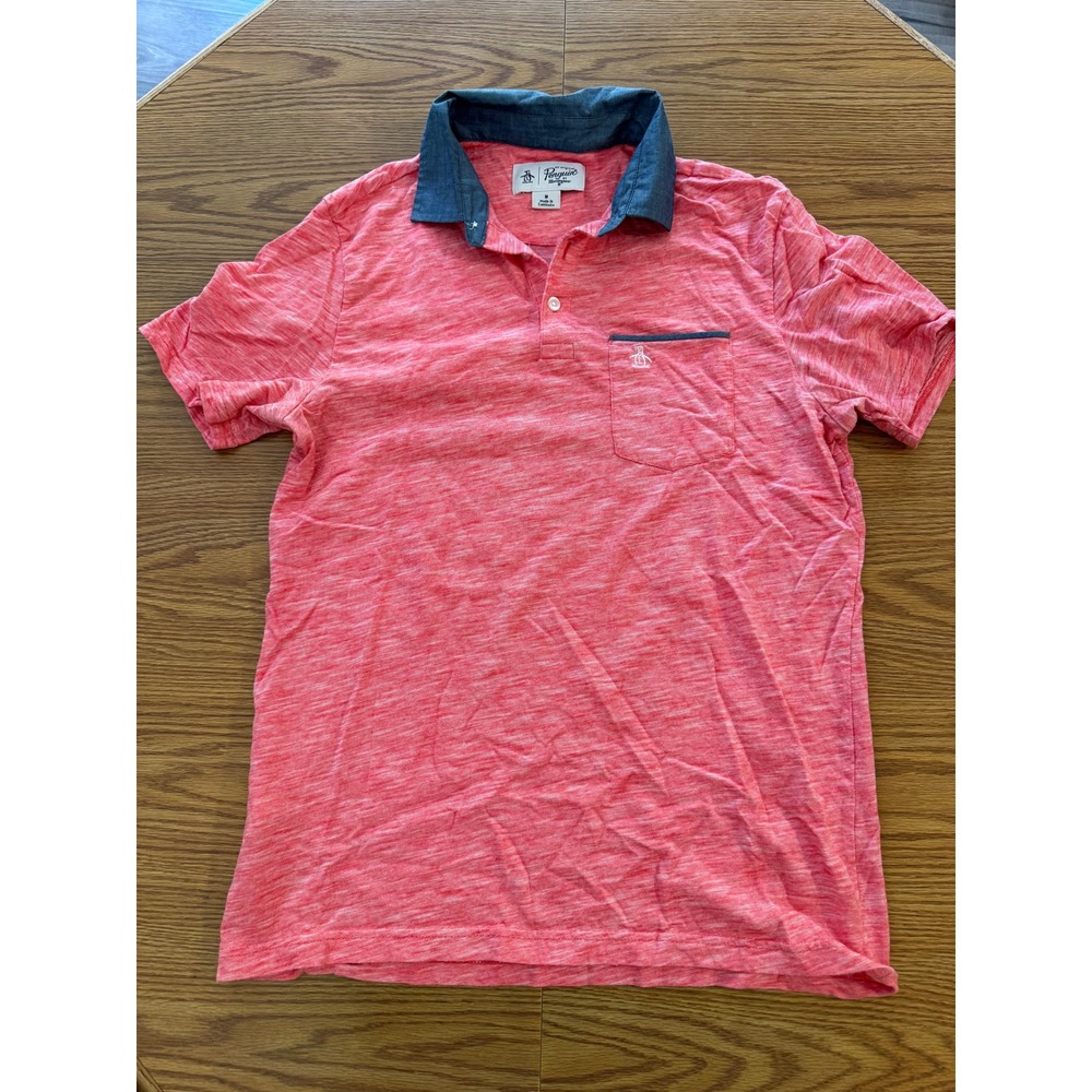 Original Penguin Mens Pink Space Dye Polo Shirt Chambray Collar Size M